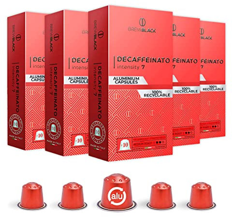 BrewBlack Decaffeinato Coffee Capsules - 50 Aluminium Coffee Pods Compatible with Nespresso Original line, Medium Roast - Intensity 7/12, Made in Italy