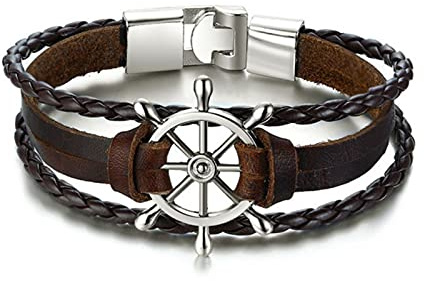 HCMA Nueva Pulsera Vogue Vintage con Dije de timón para Hombre, Pulseras de Cuerda de Cuero Multicapa, brazaletes, Pulsera de Cuero con Ancla