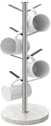 Gypie Marble Mug Tree Stand, 8 Hooks Coffee Cup Holder Storage Rack, Weighted Marble Base Stable Mug Holders for Kitchen Counter Cabinet Cafe (Silver)