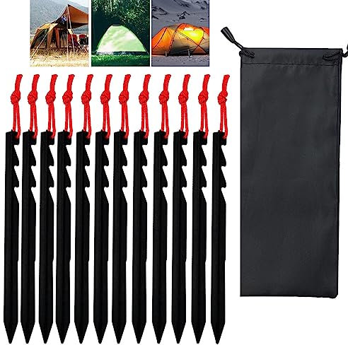 BSITSSS 12 Stück Heringe Camping, Zeltheringe mit Reflektierende Seil, Aluminium Legierung Heringe Zelt Zeltheringe Sturmsicher, Herringe Boden Zelten Zubehör für Camping Strand Erdnägel(Schwarz)