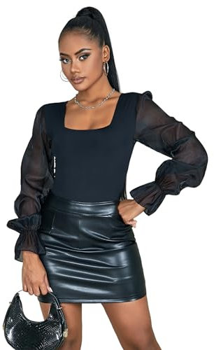 ohyeahlady Women's Bodysuit Square Neck Mesh Long Sleeve Tops Ladies Sexy Body Suit Leotard Top with Snap Closure Casual Going Out Outfit UK 14 Black Size L