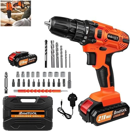 Cordless Power Drill 21V Cordless Hammer Drill with 1500mAh Battery 25+1 Torque 45Nm Max 3/8 Keyless Chuck Electric Screwdriver Kit 2 Speed Combi Drill with LED Light, 26PCS Drill Bits for Home DIY