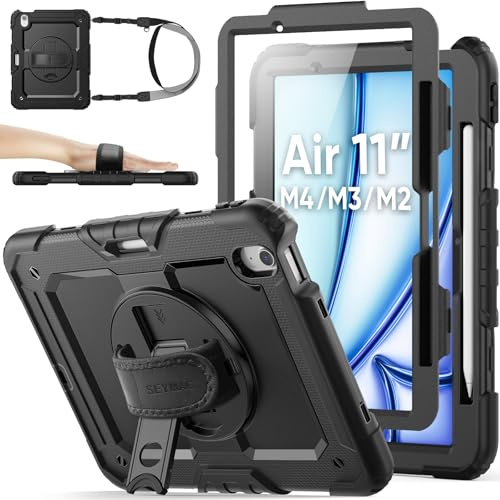 SEYMAC stock Hülle für iPad Air 11 Zoll M4-M2 (2026-2024, Air 8.-6. Generation), Stoßfeste Schutzhülle mit Stifthalter, Displayschutzfolie, 360° Drehbarer Ständer/Handschlaufe, Schultergurt, Schwarz