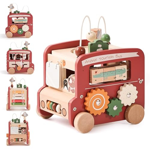OESSUF Wooden Activity Cube for 1 Year Old, 9 in 1 Bus Baby Cube Activity Toy Baby Montessori Toy for 12+ months Motor Skills Wooden Toys for Toddler Girl Boy 1st Birthday Gift Red