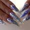 MouyouGlow Press on Nails Extrem Lang,Stiletto Blau Weiß French 3D Schmetterling Blumen Flowers Perle Y2K Fake Nails mit Nagelkleber,Silber Aura Chrome Butterfly Künstliche Fingernägel