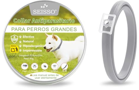 SEISSO Collar Anitpulgas para Perros, Collar contra Pulgas y Garrapatas con 6-8 Meses de Protección, Collar Antiparasitario de 63.5 cm Ajustable para Perros Grandes Medianos y Pequeños, Gris