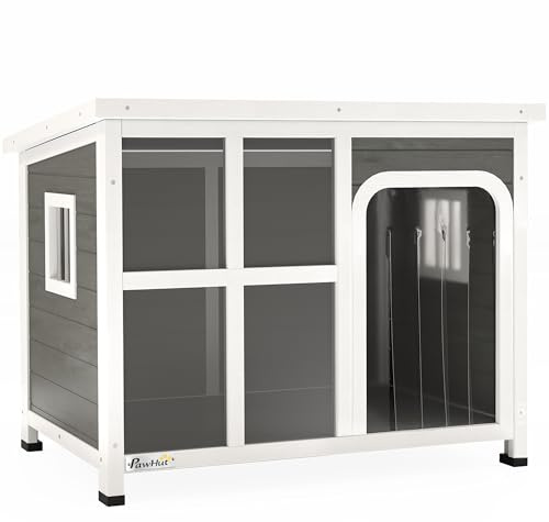 PawHut Casetta per Cani Taglia Piccola e Media con Finestrelle Laterali e Tendina da Ingresso, Cuccia per Cane da Esterno con Base Estraibile e Tettuccio Apribile, 90x62x71 cm, Grigio Chiaro