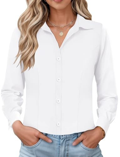 IECCP Camisa de vestir de manga larga para mujer, ajustada, formal, con botones, sin arrugas, elástica, para el trabajo, la oficina, informal, 2025, blanco, L