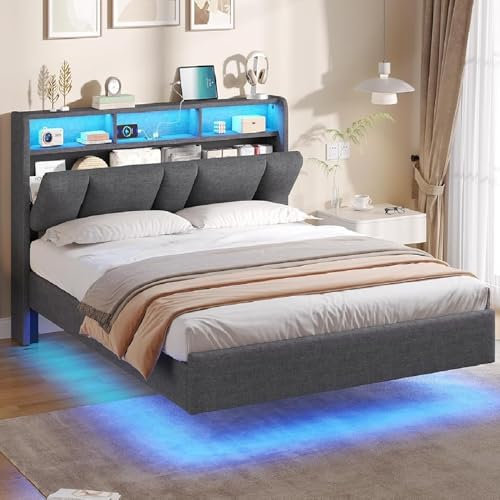 AOGLLATI Bett 140 x 200 cm, Polsterbett mit Ladestation und LED-Beleuchtung, Doppelbettgestell mit Stauraum Kopfteil, Bettgestell mit Lattenrost, Schwebender visueller Effekt, Leinen, Dunkelgrau