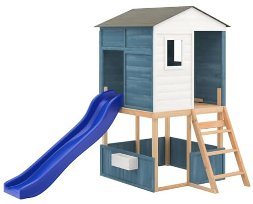 GoldiCoo Torre de juegos para niños de madera maciza de abeto con tobogán ondulado y caja de arena – Casa de juegos al aire libre con escalera, tobogán, dispositivo de juego de jardín