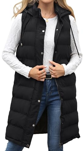 Maeau – Abrigos largos sin mangas con capucha para mujer con bolsillos chaleco cálido para invierno S-3XL, Negro , M