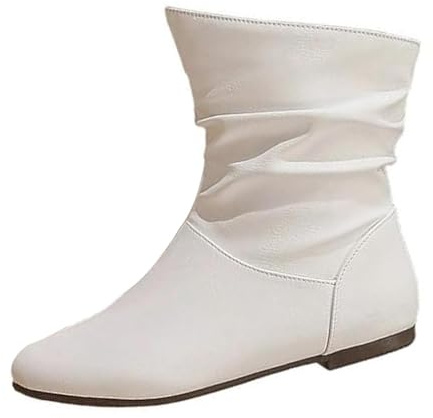 VBEDKDEB Botines mujer botas tobillo mujer moda puntiaguda punta plana manga corta pliegues apilados planos cien botines clásicos de plataforma mujer, Blanco, 39 EU
