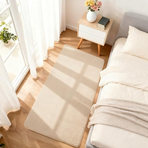 Novalife Teppich Läufer Flauschiger Kurzflor, Wohnzimmerteppich Einfarbiges Flur Modern Weich Teppiche für Bettvorleger Matte/Deko/Schlafzimmer/Kinderzimmer, 80x150cm, Beige