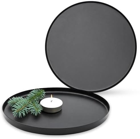 Metall Kerzentablett schwarz 21 cm - 2er Set - Dekotablett rund mit Rand - Kerzenteller Dekoteller Servertablett Weihnachten Advent Tisch Deko Tablett für Geschenke Dekoration