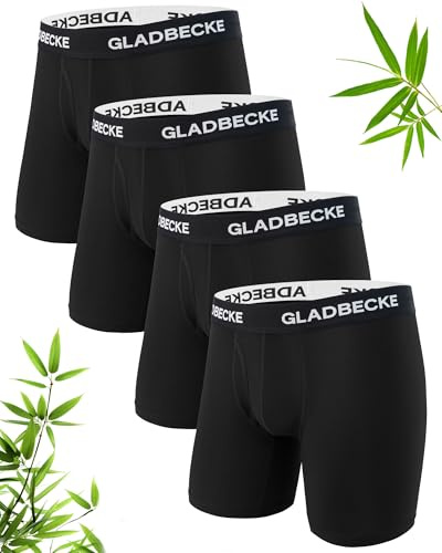 Gladbecke Bamboo Mens Boxers Anti Chafing Soft Comfortable Mens Underwear Boxer Shorts Moisture Wicking Boxers for Men with Longer Leg & No Itchy Labels Multipack of 4,Black,XL