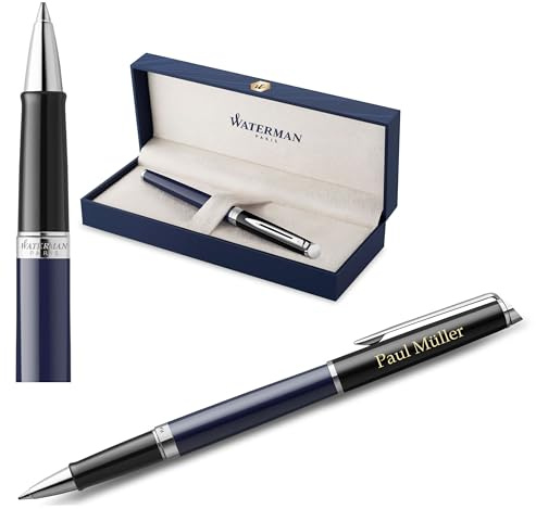Waterman Hémisphère stylo à encre rechargeable avec gravure – Instrument d’écriture de luxe personnalisé – Élégant stylo d’écriture en cadeau pour femmes & hommes, encre bleue (BLOCK BLACK&BLUE)