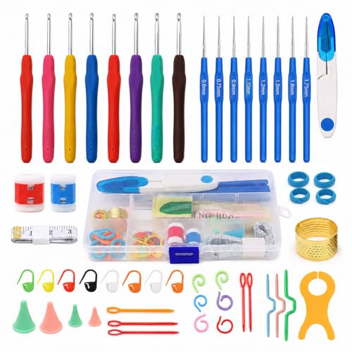 Lot de 59 Crochet Tricot Crochets pour Débutants, 8 Mini Crochets Kit, Crochet Ergonomique avec Accessoires de Crochet, Outils