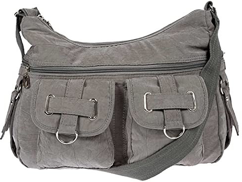 Christian Wippermann Große Canvas Umhängetasche Damen - Stofftasche mit Reißverschluss - 32x26x13 cm - Verstellbarer Trageriemen bis 135 cm - Mehrere Fächer, Luxuriöse Schultertasche - Grau