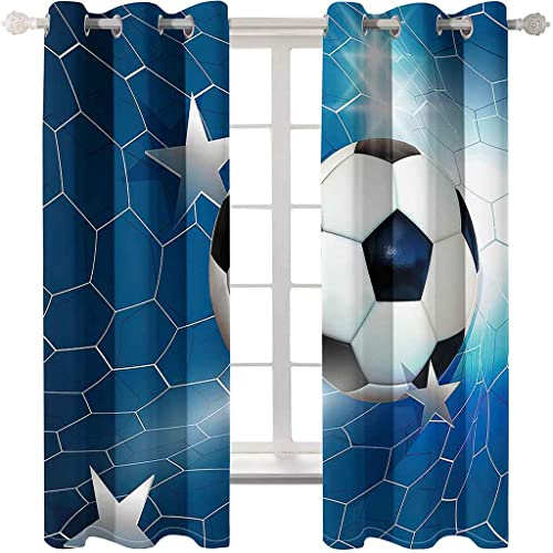 PVMLVM Blackout Curtains For Kids Teens Boys Bedroom Blue Football Print 3D Art Print Soundproof Window Drapes For Living Room Kitchen Playroom Eyelet Curtain, Set Of 2 Panels(W140 x L160cm)