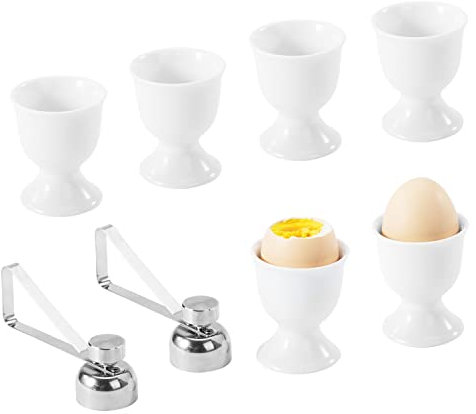 Bluweet Portauovo in Porcellana Portauovo per Uova Sode e alla Coque, 6 Portauova in Porcellana Bianca 2 Set Apriuovo, Portauovo Impilabile Bambini
