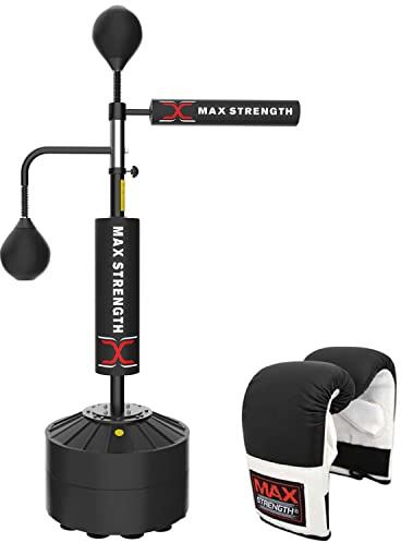 MAXSTRENGTH Free Standing Boxing Punching Bag Speed Ball Adjustable Height Freestanding- For Training, Practice, Reaction Speed, etc Reflex Bag for Adult (Black 3D Speedball with Bag Gloves)