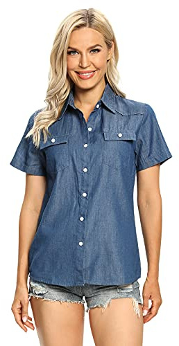 Women's Lightweight Short Sleeve Button Down Denim Chambray Shirt Casual Summer Tops Collared Blouse Blue XL