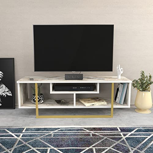 Decorotika Asal Modern 120 cm Wide TV Unit for TVs Up to 55 inch (White Marble Effect and Gold)