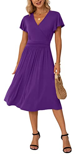 GRECERELLE Robe d'été pour femmes, robe portefeuille décontractée à manches courtes à volants, col en V, motif floral, pour la plage, Violet (04), L