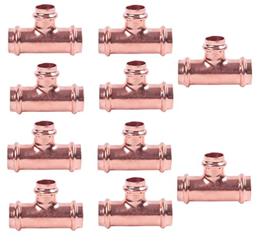 EZ-FLUID 10-Pcs Heavy Duty Copper Press Reducing Tee Fittings, 3/4 x 3/4 x 1/2, No Lead, NSF-61 Approved