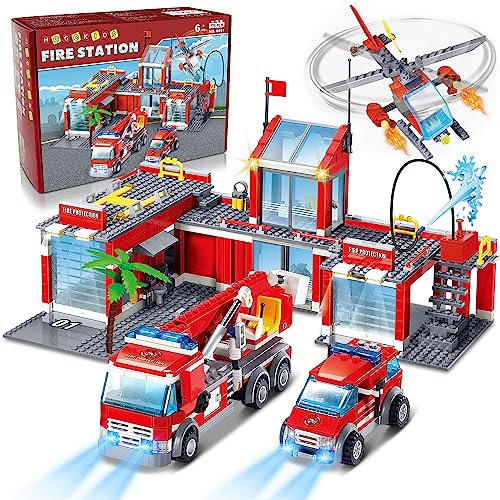 HOGOKIDS City Feuerwache Bausteine Spielzeug - 775 Teilige Fire Rescue Helicopter Spielzeugset Krankenwagen Feuerwehrauto LKW Bauklötze Geschenk für Kinder Jungen Mädchen Alter 6 7 8 9 10 11+ Jahren