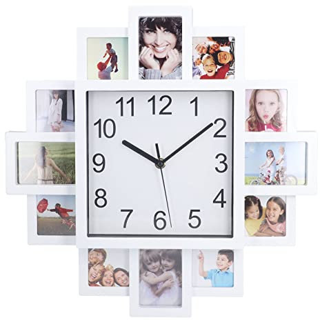 TITA-DONG 15,35 Zoll Weiße Fotorahmen-Wanduhr, DIY-Multifoto-Personalisierte Uhr, Moderne Dekoration, Familienzitat, Wandaufkleber, Set für Wohnzimmer-Heimdekoration