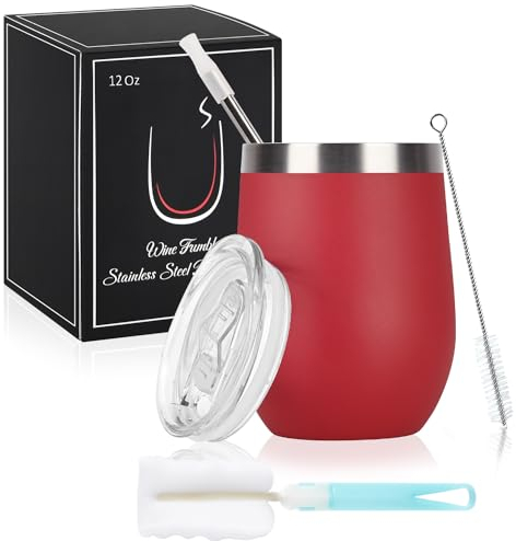 Joymaking Weinbecher Edelstahl, Stemless Weinbecher mit Deckel, Doppelwandige Unbreakable Travel Becher für Milk, Kaffee, Wein, Bier, Champagner, Cocktails, Rot