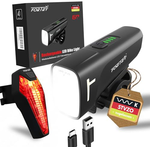 FORTRY Fahrradlicht Set,StVZO Zertifizierte Fahrradbeleuchtung,USB Typ C Aufladung Fahrrad Lichter Led Set,IPX5 Wasserdichter Fahrradlicht Vorne+Rücklicht (60 LUX)