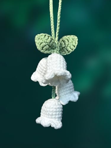 KIAYOO Pendentif de Rétroviseur Voiture Lys de la Vallée Tricoté, Décoration Voiture Mignonne pour Rétroviseur, Accessoire Intérieur Cadeau d'Anniversaire Noël Nouvel An pour Filles Femmes Amies Blanc