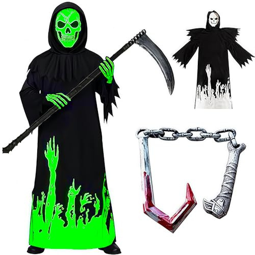 Anyingkai Costume Mietitore Bambino con Guanti, Falci,Costume da Morte Set,Vestito Fantasma Halloween Bambino,Costume Della Morte,Grim Reaper Costume per Halloween,Giochi di Ruolo,Carneval (M)