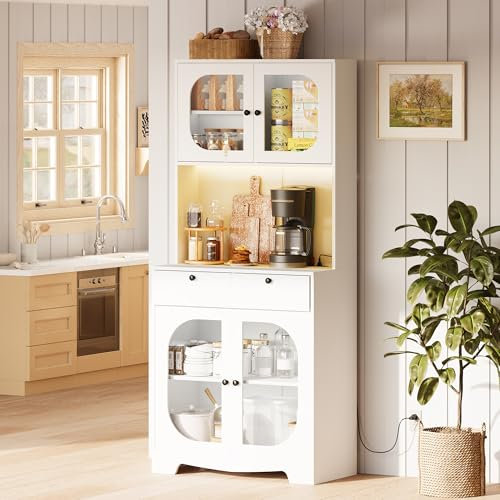 Küchen-Vorratsschrank mit Beleuchtung und Ladestation, 180 cm hoher Buffet-Schrank mit Stauraum und Mikrowellenablage, Vorratsschrank mit Türen und Schubladen, Kaffeebar-Schrank für das Esszimmer