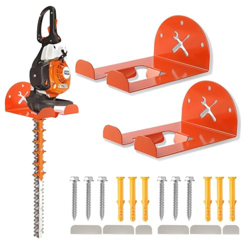 Upgraded Trimmer Rack Wall Mount - 8 Heavy Duty Weed Eater Hanger for Garage Wall, Garden Power Tool Holder Organizer Hooks for Grass Trimmer, Hedge Trimmer, Leaf Blower and Chainsaw, Orange, 2 Pack
