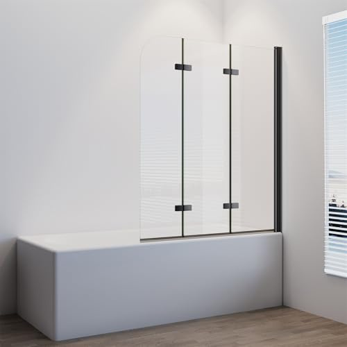 IMPTS Duschwand für Badewanne 120x140 cm, Schwarz Duschabtrennung Duschtrennwand Faltbar 3 teilig Badewannenaufsatz Glas mit 6mm Nano ESG klarglas 180° Schwingen