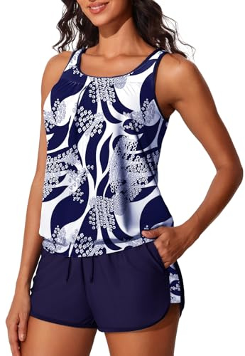 Summer Mae Blouson Women's Tankini Swimsuits Tummy Control Modest 2026 Two Piece with Sporty Pockets Bathing Suits Indigo Tribal Large