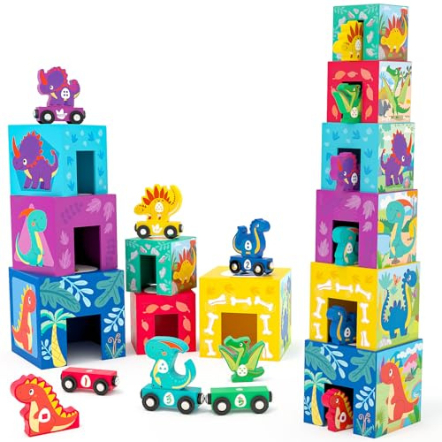 Atoylink Dinosaurio Juguetes Montessori de Madera, Cubos Apilables Bebe con 6 Cubos Apilables & 6 Dinosaurio & 6 Tren Juguete, Juegos Educativos Aprender a Contar, Regalo para Niñas Niños