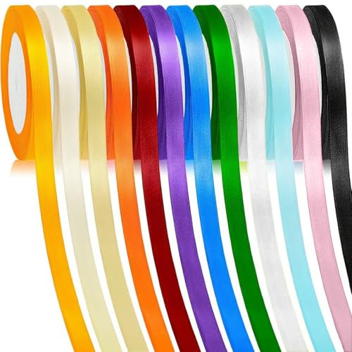 Satin Fabric Gift Ribbon for Gift Wrapping 12 Colors Balloon Ribbons for Crafting Birthday Party Decorations Wedding Car Ribbon (Rainbow Set, 10mm x 22m)