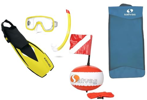 Salvas Sub Ultimate Set Snorkeling L/XL - Maschera Snorkeling + Boccaglio Tubo Snorkel + Pinne Regolabili 42/47 + Boa di Segnalazione con Bandierina - Kit Snorkeling, Apnea ed Immersioni (Giallo)