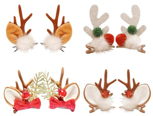 Accesorios para el cabello navideños 4 pares de clips de reno para mujer, multicolor, con detalles festivos, ideales para fiestas y celebraciones de Navidad