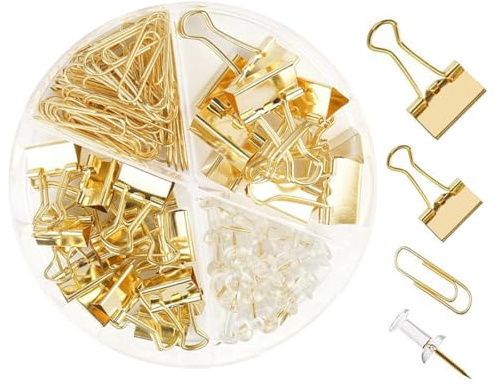 ROKZELT 71 Piezas Set de material de oficina, Clips, Grapas, Tachuelas, clips oficina resistentes, pinzas metálicas, material oficina ideal para escuela y hogar, oro