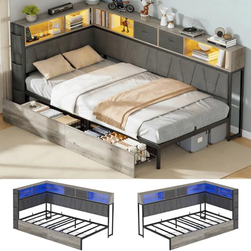 CollaredEagle Corner Bed Frame with Storage Bookcase, Twin XL Kids Bed Unit with Charging Station and LED Light