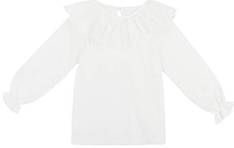 Camilife Kleinkind Kinder Mädchen 100% Baumwolle Weiß Langarmshirt mit Rüschenkragen Puppenkragen Knopfverschluss Weich Niedlich - Einfarbig Weiß Größe 100