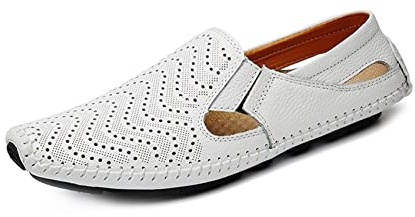 Mens Läder Kör Loafer Lättviktig Slip-On Perforerad Andas Vandring Båt Skor Platt Tofflor Utomhus Mockasin Vit 38/39 EU