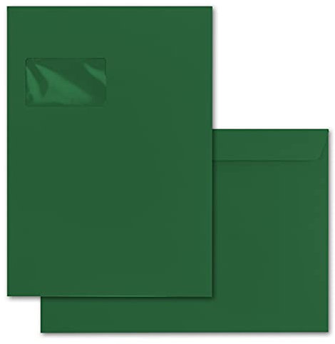 50x große XXL Briefumschläge DIN C4 in Dunkelgrün (Grün) - 22,9 x 32,4 cm - Haftklebung mit Fenster - Versandtasche für DIN A4 geeignet
