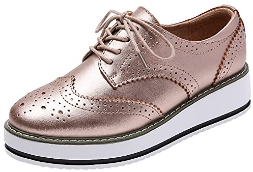 ANUFER kvinnors snörningsbrogues träningsskor skor vardaglig plattform creepers, Guld matt, 38.5 EU