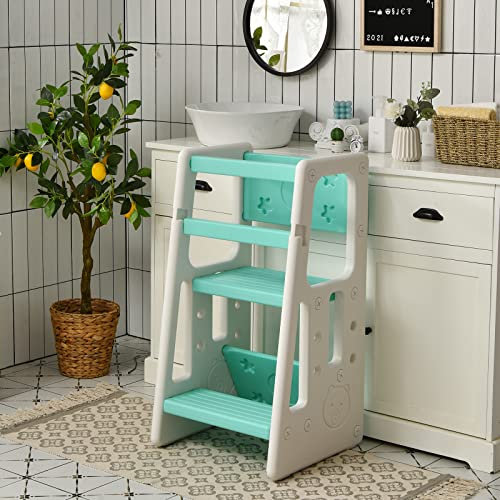COSTWAY Torre de Aprendizaje Montessori 2 en 1,Torre de Taburete Infantil con 3 Alturas Ajustables y Patas Antideslizantes,Torre de Observación para Niños para Cocina Baño Comedor 47x47x90cm